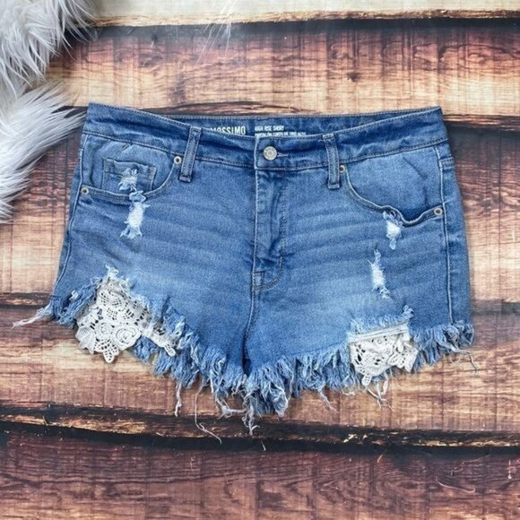Mossimo High Rise Denim Shorts Cut Off Distressed Lace Pockets - Picture 1 of 8